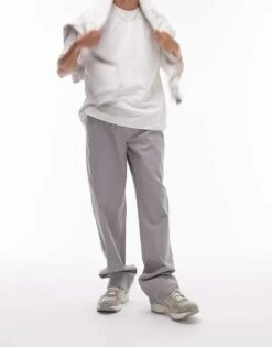 Topman Straight Chino Trousers With Elasticated Waistband In Grey For Men