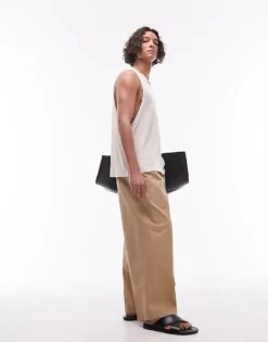 Topman Compact Cotton Wide Leg Trouser In Stone For Men