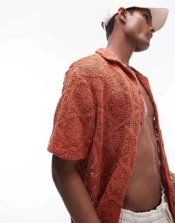 Topman Short Sleeve Crochet Circle Shirt In Red For Men -Daily Wardrobe Shop 205735722 1 red 1