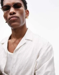 Topman Short Sleeve Square Textured Shirt In White For Men Stone -Daily Wardrobe Shop 205735748 1 stone 1