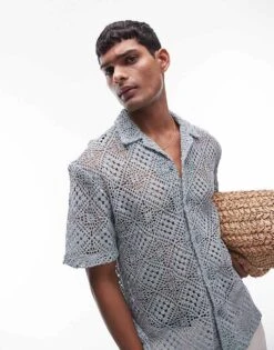 Topman Short Sleeve Grid Crochet Shirt In Blue For Men Mid Blue -Daily Wardrobe Shop 205735977 1 midblue 1