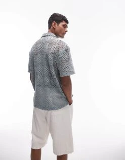 Topman Short Sleeve Grid Crochet Shirt In Blue For Men Mid Blue -Daily Wardrobe Shop 205735977 4