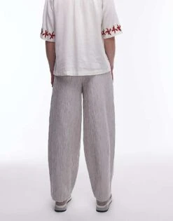 Topman Premium Wide Leg Textured Trousers In Stone For Men -Daily Wardrobe Shop 205769277 2