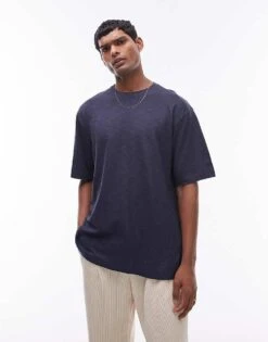 Topman Oversized Fit Linen Mix T-shirt In Navy For Men
