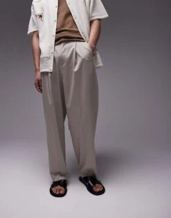 Topman Wide Leg Trouser In Stone For Men Grey -Daily Wardrobe Shop 205799056 5