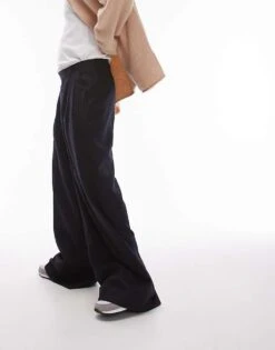 Topman Premium Wide Twin Pleat Trouser In Navy For Men -Daily Wardrobe Shop 205799396 5