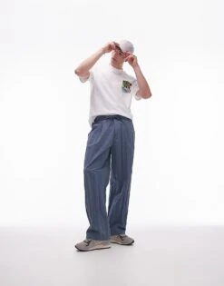 Topman Premium Wide Leg Paper Bag Trousers In Blue For Men