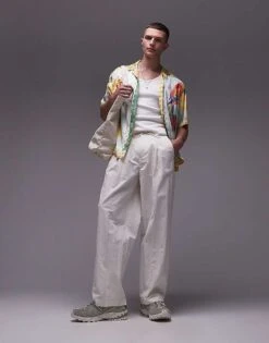 Topman Premium Wide Leg Paper Bag Trousers In Ecru For Men -Daily Wardrobe Shop 205819644 1 ecru 1