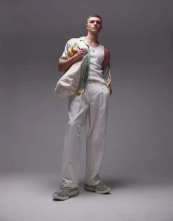 Topman Premium Wide Leg Paper Bag Trousers In Ecru For Men -Daily Wardrobe Shop 205819644 5