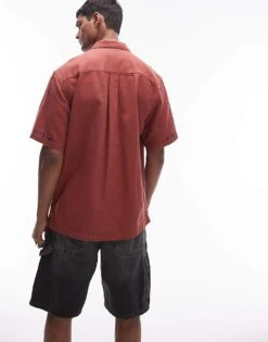 Topman Short Sleeve Relaxed Embroidered Patch Shirt In Rust For Men -Daily Wardrobe Shop 205849579 3