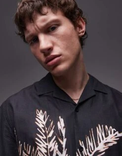 Topman Short Sleeve Relaxed Washed Palm Printed Shirt In Black For Men -Daily Wardrobe Shop 205850209 4