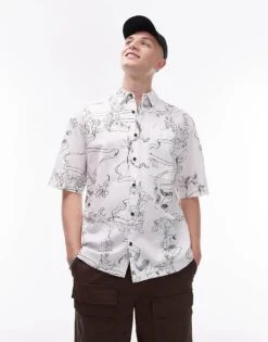 Topman Short Sleeve Relaxed Printed Linen Blend Mix Shirt In White For Men -Daily Wardrobe Shop 205850297 1 white 1