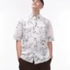 Topman Short Sleeve Relaxed Printed Linen Blend Mix Shirt In White For Men -Daily Wardrobe Shop 205850297 1 white