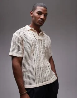 Topman Short Sleeve Relaxed Crochet Polo Shirt In Cream For Men -Daily Wardrobe Shop 205850791 1 cream 1