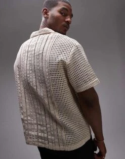 Topman Short Sleeve Relaxed Crochet Polo Shirt In Cream For Men -Daily Wardrobe Shop 205850791 3