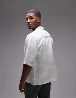 Topman Short Sleeve Relaxed Linen Blend Geo Shirt In Green For Men Light Blue -Daily Wardrobe Shop 205863392 3