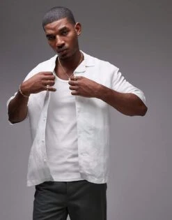 Topman Short Sleeve Relaxed Linen Blend Geo Shirt In Green For Men Light Blue -Daily Wardrobe Shop 205863392 4