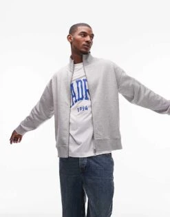 Topman Premium Heavyweight Funnel Neck Full Zip Sweat In Grey Marl For Men