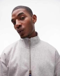 Topman Premium Heavyweight Funnel Neck Full Zip Sweat In Grey Marl For Men -Daily Wardrobe Shop 205868500 3