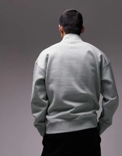Topman Premium Heavyweight Oversized 1/4 Zip Sweatshirt In Sage For Men -Daily Wardrobe Shop 205868517 4