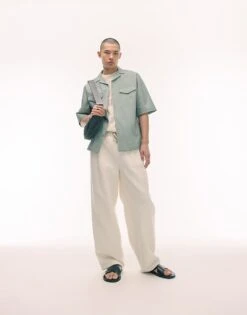 Topman Short Sleeve Relaxed Revere Utility Double Pocket Shirt In Sage For Men -Daily Wardrobe Shop 205877416 1 sage 1