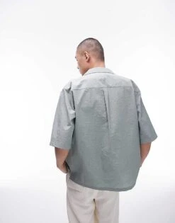 Topman Short Sleeve Relaxed Revere Utility Double Pocket Shirt In Sage For Men -Daily Wardrobe Shop 205877416 2