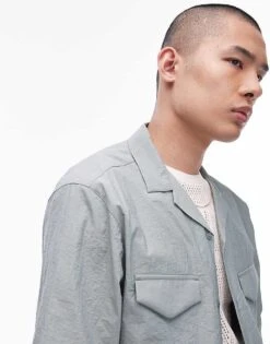 Topman Short Sleeve Relaxed Revere Utility Double Pocket Shirt In Sage For Men -Daily Wardrobe Shop 205877416 3