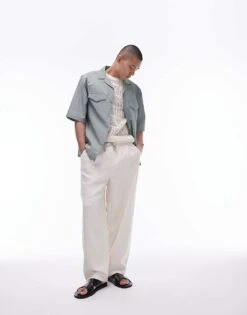 Topman Short Sleeve Relaxed Revere Utility Double Pocket Shirt In Sage For Men -Daily Wardrobe Shop 205877416 5