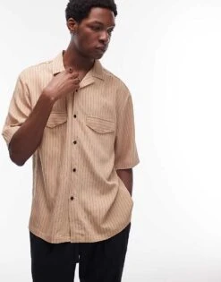 Topman Short Sleeve Relaxed Revere Double Pocket Striped Shirt In Camel For Men -Daily Wardrobe Shop 205877440 1 camel 1