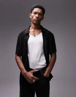 Topman Oversized Fit Button Through Polo With Jacquard Plisse In Black For Men -Daily Wardrobe Shop 205899081 1 black 1