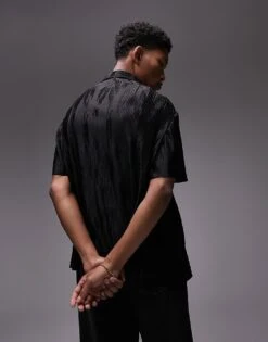 Topman Oversized Fit Button Through Polo With Jacquard Plisse In Black For Men -Daily Wardrobe Shop 205899081 3