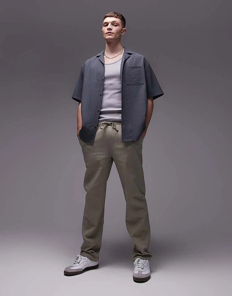 Topman Straight Leg Textured Trousers In Khaki For Men 4 Topman Straight Leg Textured Trousers In Khaki For Men - Image 2