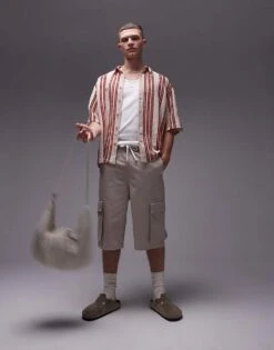 Topman Short Sleeve Relaxed Striped Crochet Shirt In Red For Men Red Stripe -Daily Wardrobe Shop 205926759 5