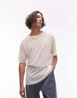 Topman Oversize Fit Crepe T-shirt With Raw Hem In Stone For Men