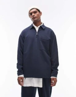 Topman Oversized Fit Smart Jersey1/4 Zip Polo In Navy For Men -Daily Wardrobe Shop 205932328 1 navy 1