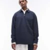 Topman Oversized Fit Smart Jersey1/4 Zip Polo In Navy For Men