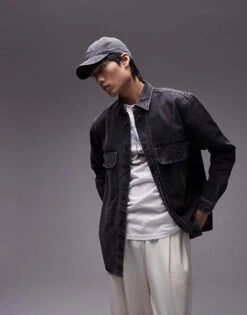 Topman Long Sleeve Oversized Double Pocket Twill Shirt In Washed Charcoal For Men