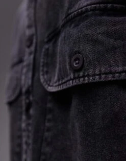 Topman Long Sleeve Oversized Double Pocket Twill Shirt In Washed Charcoal For Men -Daily Wardrobe Shop 205943810 3