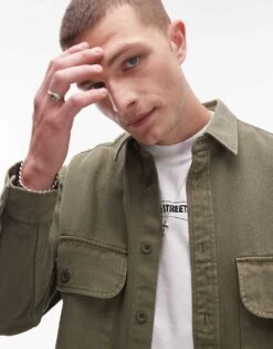 Topman Long Sleeve Oversized Double Pocket Twill Shirt In Washed Green For Men Mid Green -Daily Wardrobe Shop 205943819 2
