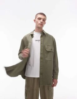 Topman Long Sleeve Oversized Double Pocket Twill Shirt In Washed Green For Men Mid Green -Daily Wardrobe Shop 205943819 3