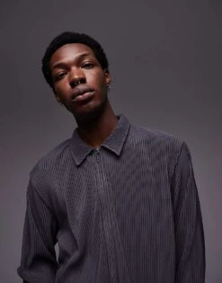 Topman Oversized Fit Long Sleeve Zip Through Polo With Plisse In Charcoal For Men