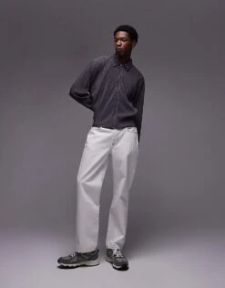 Topman Oversized Fit Long Sleeve Zip Through Polo With Plisse In Charcoal For Men -Daily Wardrobe Shop 205965912 4