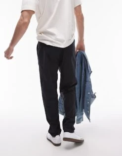 Topman Taper Linen Blend Trousers In Black For Men -Daily Wardrobe Shop 205975122 4