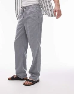 Topman Straight Linen Blend Trousers In Grey For Men -Daily Wardrobe Shop 205975202 3