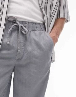 Topman Straight Linen Blend Trousers In Grey For Men -Daily Wardrobe Shop 205975202 4