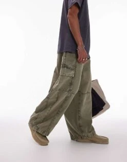 Topman Wide Leg Washed Cargos In Khaki For Men