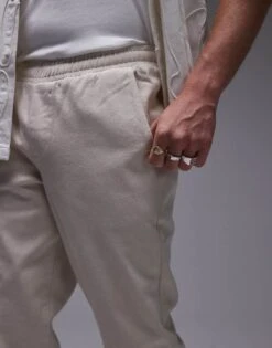 Topman Taper Trousers With Elasticated Waistband In Ecru For Men -Daily Wardrobe Shop 205975250 3
