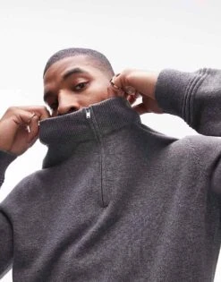 Topman Essentials 1/4 Zip In Charcoal For Men