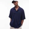 Topman Oversized Fit Waffle Button Through Shirt In Navy For Men -Daily Wardrobe Shop 206006158 1 navy