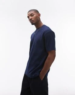Topman Oversized Fit Waffle T-shirt In Navy For Men Blue -Daily Wardrobe Shop 206006194 1 blue 1